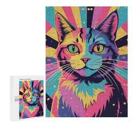 A Colorful, Vibrant Cat with A Psychedelic Background. 500 Pieces Pieces animal Classic Wooden Jigsaw Puzzle for Adults