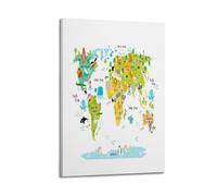 A Colorful World Map Poster with Cartoon Animals, Trees, And Ocean Creatures Representing Their Native Continents And Oceans Poster Decorative Painting Canvas Wall Posters And Art Picture Print Modern