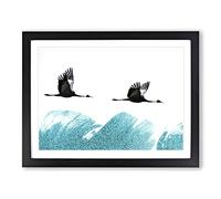 A Couple Of Crane Birds Flying In Abstract Modern Art Framed Print | A4 Black Framed Wall Art | Ready to Hang | Abstract Animal Picture | Living Room Bedroom Lounge Office