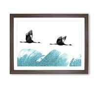 A Couple Of Crane Birds Flying In Abstract Modern Art Framed Print | A4 Walnut Framed Wall Art | Ready to Hang | Abstract Animal Picture | Living Room Bedroom Lounge Office