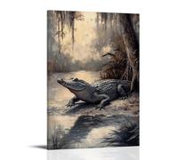A Crocodile Resting Motionless by A Marsh Edge, Its Scaly Body Blending Into A Muted Sage Swamp. Fashionable Wall Decor - Hanging Art Poster And Mural08x12inch(20x30cm)