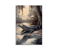 A Crocodile Resting Motionless by A Marsh Edge, Its Scaly Body Blending Into A Muted Sage Swamp. Fashionable Wall Decor - Hanging Art Poster And Mural16x24inch(40x60cm)