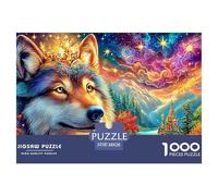A Crowned Wolf in A Vibrant, Magical Landscape with A Colorful Castle 1000 Piece Jigsaw Puzzle Enchanted Spirit Wolf - Recycled Cardboard, Challenging Puzzle for Adults 38x26cm/1000pcs