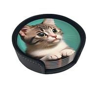 A Curious cat Creative Round Coaster (3.9 inches), PU Leather Coaster, Suitable for car, Kitchen, Restaurant, Office, etc.