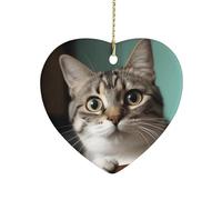 A Curious Catceramic Ornament,Heart-Shaped.Christmas Tree Hanging Decoration-Holiday Home Decorations. Art Ornament,Friendship Keepsake - Gift Ideas, for Besties, Coworkers, Family.