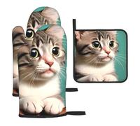 A Curious Catoven Glove And Pot Holder 3 Piece Set, &Heat Resistant And Insulated Kitchen Oven Gloves For Cooking.