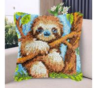 A Cute Animal Sloth Hang on Tree Latch Hook Kits Pillow with Printed Canvas DIY Handmade Cushion Crochet Yarn Embroidery Hook and Latch Kit Pillowcase Christmas Decoration 43x43cm