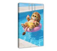 A Cute, Big, Fluffy Lion Floating on Pool (5) Canvas Poster Wall Art Decor Print Picture Paintings 24x36inch(60x90cm)