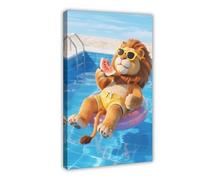 A Cute, Big, Fluffy Lion Floating on Pool (6) Canvas Poster Wall Art Decor Print Picture Paintings 20x30inch(50x75cm)