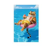A Cute, Big, Fluffy Tiger Floating on Pool (2) Canvas Poster Bedroom Decor Print Picture Paintings 20x30inch(50x75cm)