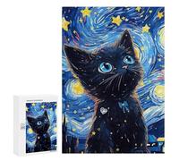 A Cute Black Cat Under A Starry Night Sky.300 Pieces Pieces animal Classic Wooden Jigsaw Puzzle for Adults