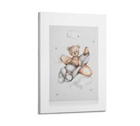 A Cute Canvas Featuring A Brown Teddy Bear Flying A Gray And Brown Airplane Among White Clouds And Gray Stars Poster Decorative Painting Canvas Wall Posters And Art Picture Print Modern Family Bedroom