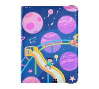 A Cute Cartoon Purple Cosmic Leather passport book holder for travel Wallet Combo Passport Cover with RFID Blocking for women Lightweight