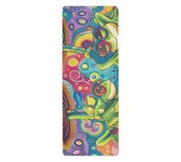 A Cute Cartoon Scene Of Two Frogs on Mushrooms Surrounded by Vibrant Psychedelic Patterns and Colors. The Background Is Filled with Rainbow Hues and A Kaleidoscope Effect. One Frog Has Its