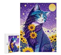 A Cute Cat Sitting Among Sunflowers Under A Starry Night Sky. 500 Pieces Pieces animal Classic Wooden Jigsaw Puzzle for Adults