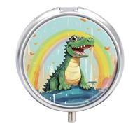 A Cute Crocodile on A Rainbow Background Pill Box - 3 Compartment, Round Metal Pill Case with Mirror, Portable Medicine Holder for Purse/Wallet/Travel