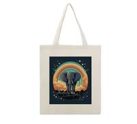 A Cute Elephant on A Rainbow Background Canvas Tote Bag with Handles Extremely Sturdy Reusable Shopping Bag Lightweight Foldable Cotton Cloth Grocery Bags Magic Aesthetic Tote Bag for Women Travel