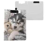 A Cute Little Black and White Alaskan Malamute Puppy is Sleeping on The Bed Holding Its Toy Bear in One Hand. The Photo was Taken from Above with A Closeup of Its Head Showing That It Has Gray Fur A
