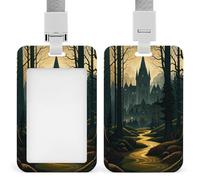 A Dark and Mysterious Gothic Castle ID Badge Holder with Lanyard - Hard Plastic ID Card Holder Waterproof Name Tag Holders, Heavy Duty Badge Reel Vertical Card Protector for Office Nurse Teacher