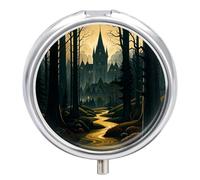 A Dark and Mysterious Gothic Castle Pill Box 3 Compartment Small Pill Case for Purse Or Pocket Mini Metal Pillcase Medicine Organizer, Round Daily Medicine Container to Hold Vitamins, Fish Oil