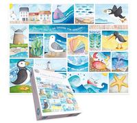 A Day at the Seaside 1000 Piece Jigsaw Puzzle for Adults - Coastal Collage by Louise Stocker - Calming Beach Puzzle Featuring Seagulls, Starfish, Puffins & Ocean Life
