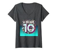A Decade of 10: Retro Gaming Birthday Celebration V-Neck T-Shirt, Women, Dark Heather Grey, XXL