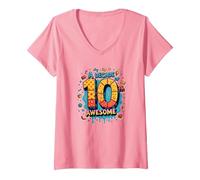 A Decade of 10th Awesome: Celebratory Fun Icons V-Neck T-Shirt, Women, Pink, XL