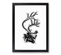 A Deer with Antlers Illustration in Black & White Framed Print | A2 Black Framed Wall Art | Ready to Hang | Modern Animal Picture | Living Room Bedroom Lounge Office
