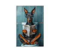 A Dobermann Dog Sitting on A Small Toilet, Wearing Glasses, Reading A Newspaper Canvas Painting Wall Art Illustration Poster Print Artwork Picture for Bedroom Room Decor 16x24inch(40x60cm) Unframe-1-4