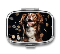 A Dog and Coins Pill Box 2 Compartment, Portable Pill Case with Mirror for Pocket Purse Travel, Mini Metal Medicine Organizer for Vitamins Fish Oil