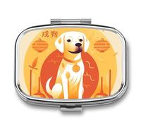 A Dog Sitting Pill Box 2 Compartment, Portable Pill Case with Mirror for Pocket Purse Travel, Mini Metal Medicine Organizer for Vitamins Fish Oil
