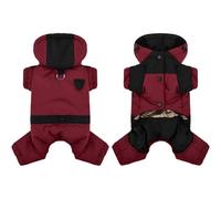 A dog suit with hood and four legs, a lined winter coat and an adjustable full body suit dog coat that provides warmth for small and medium-sized dogs (red, 28 x 46 x 32)