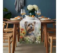 A Dog Table Runner 13x48 inch Play Among The Flowers Butterfly Watercolor Cotton Linen Dining Table Runner Ideal for Dresser Kitchen Coffee Tables - Machine Washable