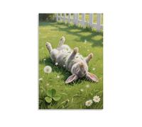 A Domestic Rabbit Rolling on The Grass, Body Covered with Grass Clippings Contemporary Wall Mural Art Decorative Hanging Poster08x12inch(20x30cm)
