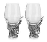 A E Williams Scottish Highland Cow Head Wine Glasses with Solid Pewter Stem and Heavy Bottom Base | Decorative Large Tasting Glass Pair Set for Outdoor Party