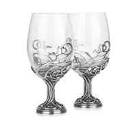 A E Williams Wine Glasses with Never Ending Swirl Design | Solid Pewter Stem and Heavy Bottom Base | Large Tasting Glass Pair Set for Outdoor Party Decorative