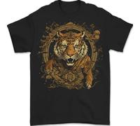 A Ferocious Tiger with a Japanese Background Mens T-Shirt 100% Cotton Black 2XL