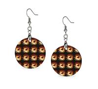 A Fire Howling Wolf Locked in a Full Moon with Flames Log Wood Big Dangle Round Lightweight Earrings Copper Plated White k Earring