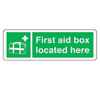 A First Aid Box Located Here - safety sign - 1.2mm Rigid plastic for indoor/outdoor usage (450mm x 150mm) Viewing Distance within 7m.