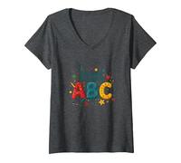 A First Steps in Learning ABC V-Neck T-Shirt, Women, Dark Heather Grey, L