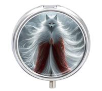 A Fox Spirit Pill Box - 3 Compartment, Round Metal Pill Case with Mirror, Portable Medicine Holder for Purse/Wallet/Travel