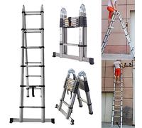A Frame Portable Folding Telescopic Extension Loft Ladder, 3.8M (1.9M+1.9M) Multi Purpose Combination Step Ladder, Stainless Steel