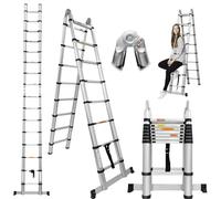 A Frame Telescopic Ladder 5M (2.5M+2.5M) Extension Folding Ladder Multi Purpose Aluminum Loft Ladder, Portable 2x8 Steps Foldable Ladders Extendable Tall Roof Ladder with Stabilizer, Max Load 330lbs