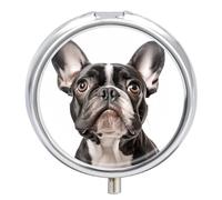 A French Bulldog Pill Box Travel Pill Case for Purse Pocket Weekly Medicine Organizer with Mirror 3 Compartment Round Medicine Case Portable PillcaseHolder for Daily