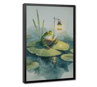 A Frog Reading on A Lotus Leaf- A Cozy Scene And Decorative Art for A Reading Corner. Canvas Poster Wall Art Decor Print Picture Paintings for Living Room Bedroom Decoration 8" L X 12" W