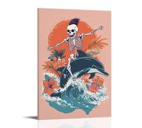 A Funky Skeleton with Mohawk Riding A Dolphin through Ocean Waves, Tropical Flowers Around, Flat Minimalist Pink Background. Wall Art Mural Modern Decoration Hanging Art Poster 08x12inch(20x30cm)