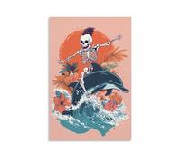 A Funky Skeleton with Mohawk Riding A Dolphin through Ocean Waves, Tropical Flowers Around, Flat Minimalist Pink Background. Wall Art Mural Modern Decoration Hanging Art Poster 24x36inch(60x90cm)