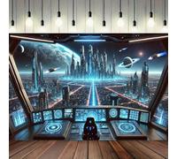A futuristic sci-fi city background banner with polyester fiber woven wall decoration 350x230cm