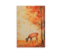 A Gentle Deer Grazing Beneath Autumn Leaves, The Scene Lightly Brushed Onto A Maple Orange Sky. Wall Art Mural Modern Decoration Hanging Art Poster 24x36inch(60x90cm)
