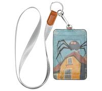 A Giant Spider Web House Leather Work Badge Holder with Lanyard and 3-Card Capacity id case Holder for Office School IDs,Hotel Key Cards, Pass Cards